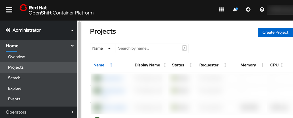 Open project list in OpenShift